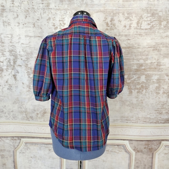 Vintage 1980s Plaid Blouse Grunge Shirt Top M Dark Academia Puff Sleeve - Picture 6 of 8